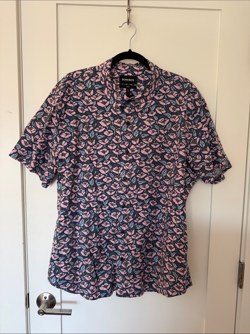 Bonobos Navy Button-Up with Pink Floral Print